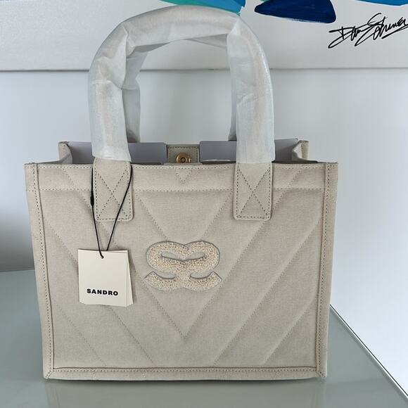 NWT $320 SANDRO Kabash quilted tote bag ecru / white - Picture 2 of 14